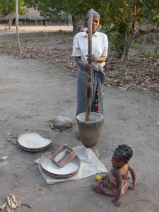 Lady crushing cassava roots to make flour